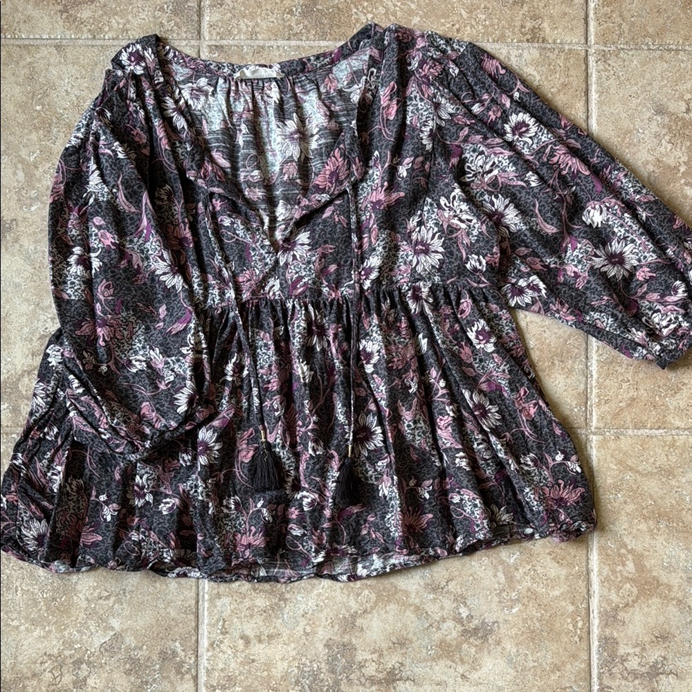 Lucky Brand Black and Purple Patterned Blouse